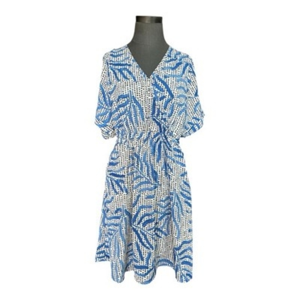 Nic+Zoe Blue Palm Leaves Dot Fit & Flare Dress PM Pockets Elastic Waist Short - Picture 4 of 8